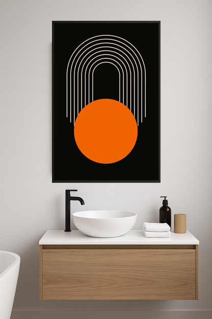 White curved lines above a bold orange circle on a black background.- lazienka