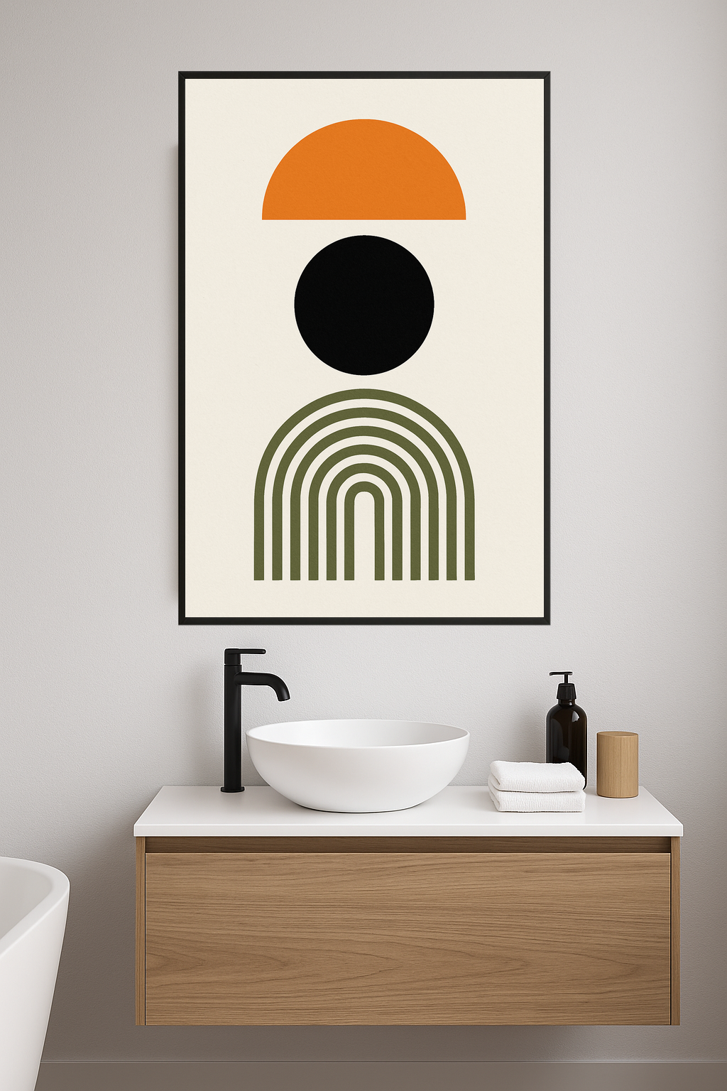 Geometric design with orange semi-circle, black circle, and olive green arch.- lazienka