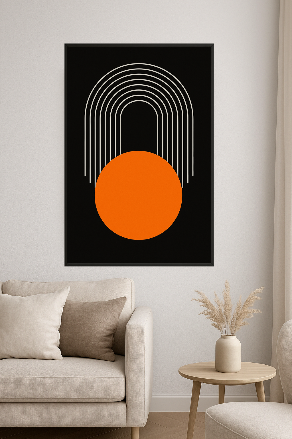 White curved lines above a bold orange circle on a black background.- salon