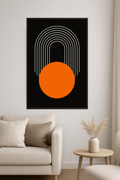 White curved lines above a bold orange circle on a black background.- salon