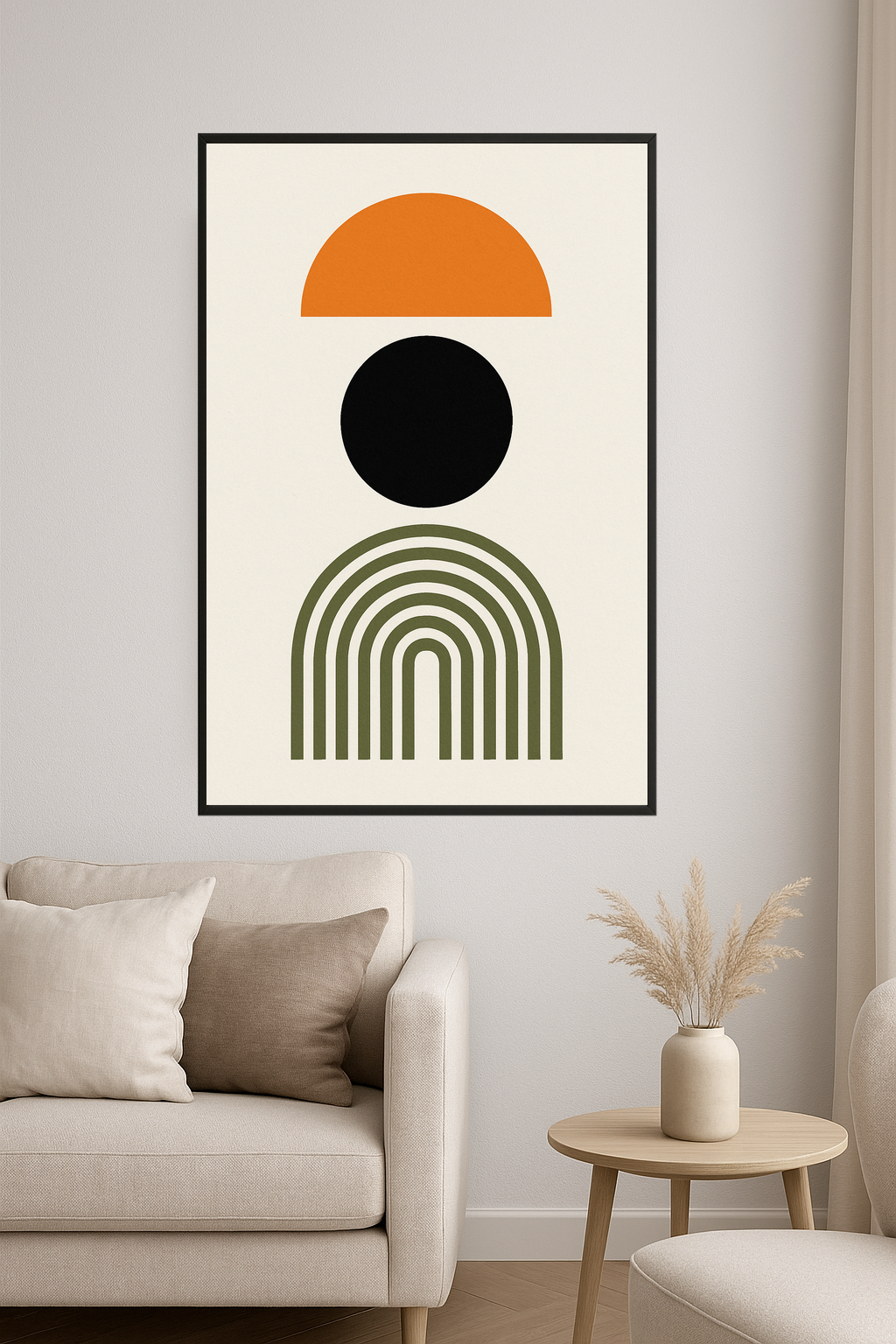 Geometric design with orange semi-circle, black circle, and olive green arch.- salon