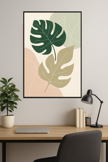 Stylized green and beige leaves with abstract shapes in soft colors.- gabinet