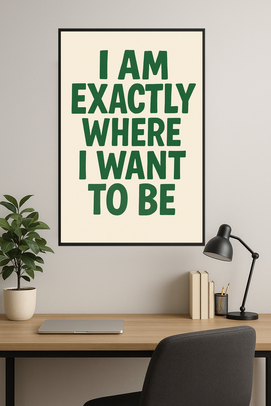 Green text on beige background: 'I am EXACTLY where I want to BE'.- gabinet