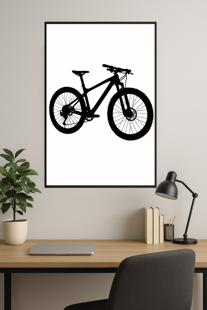 Silhouette of a mountain bike with circular wheel and angular frame.- gabinet