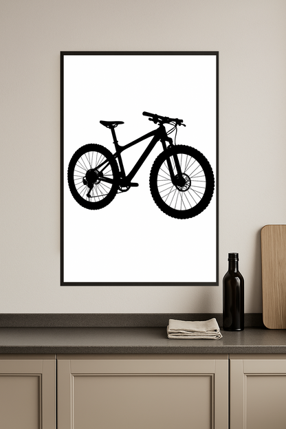 Silhouette of a mountain bike with circular wheel and angular frame.- kuchnia