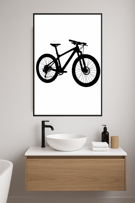 Silhouette of a mountain bike with circular wheel and angular frame.- lazienka
