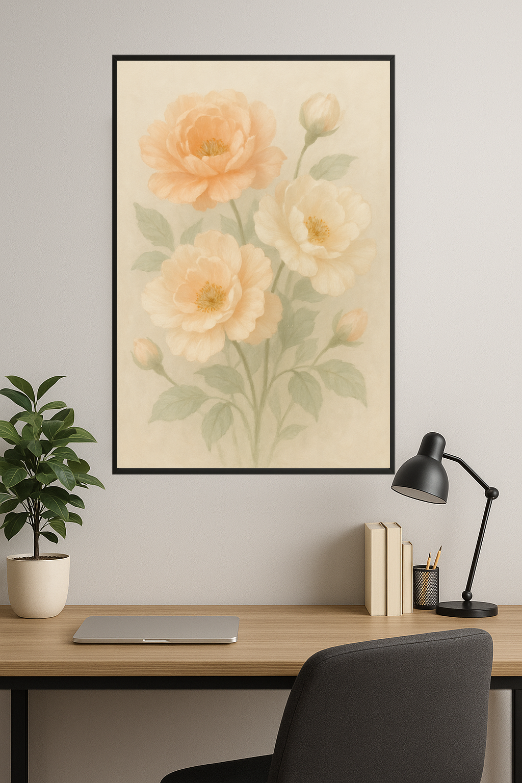 Delicate pastel flowers in peach and cream shades with green leaves.- gabinet