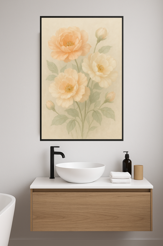 Delicate pastel flowers in peach and cream shades with green leaves.- lazienka