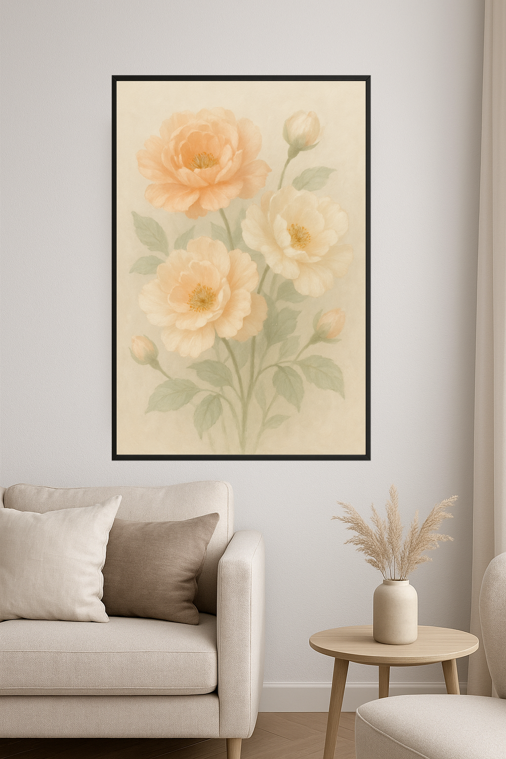 Delicate pastel flowers in peach and cream shades with green leaves.- salon