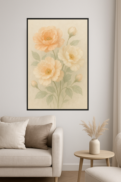 Delicate pastel flowers in peach and cream shades with green leaves.- salon