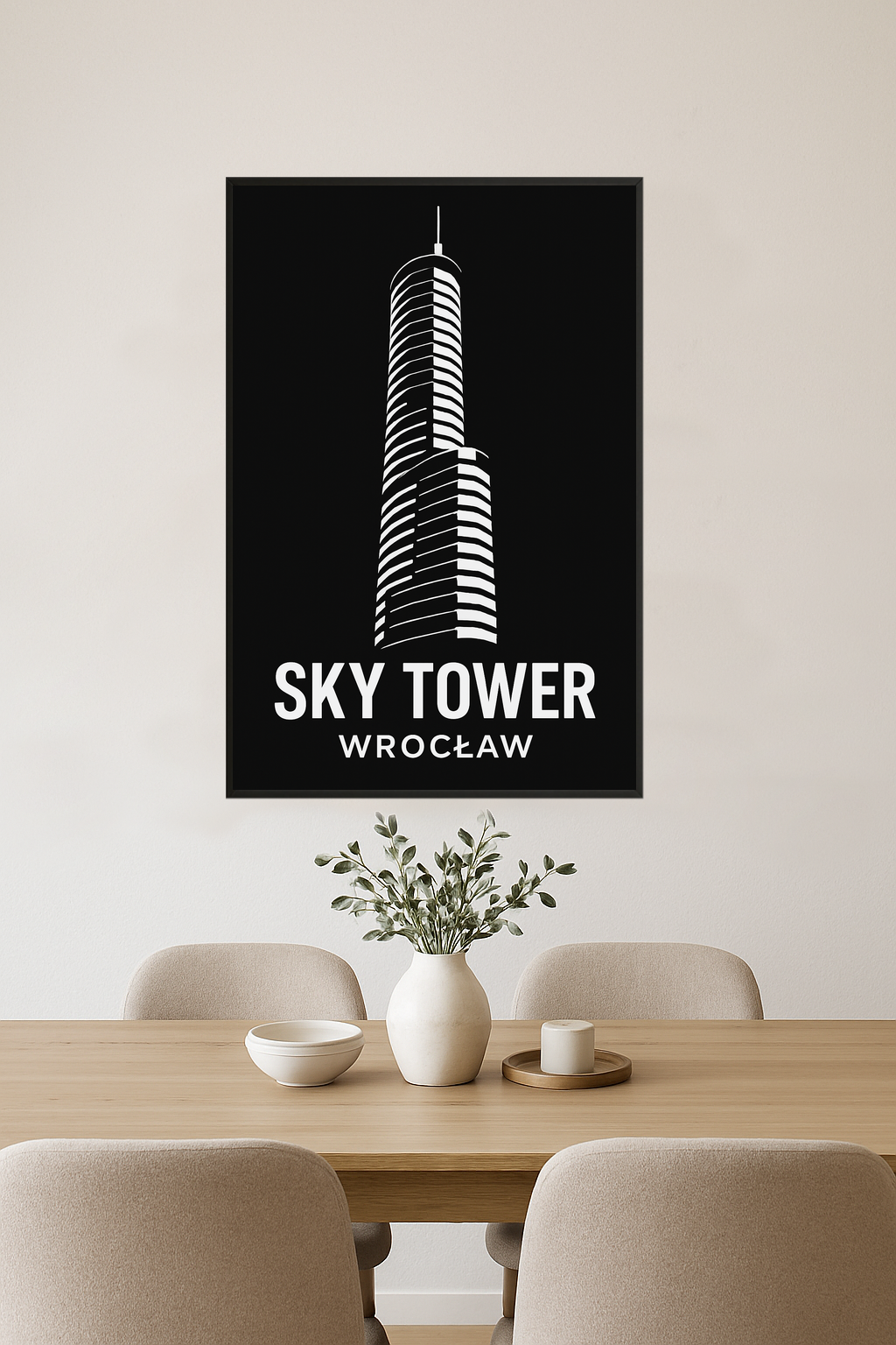 Stylized black and white illustration of Sky Tower, Wrocław.- jadalnia