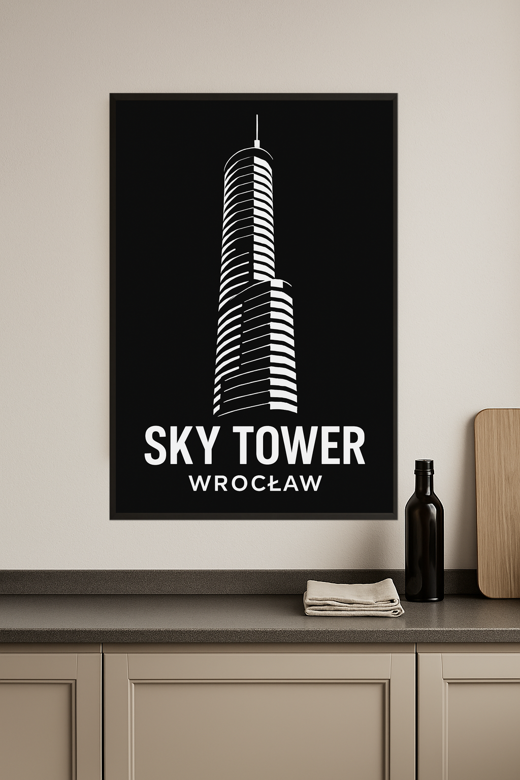 Stylized black and white illustration of Sky Tower, Wrocław.- kuchnia
