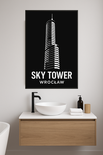 Stylized black and white illustration of Sky Tower, Wrocław.- lazienka – plakat do druku