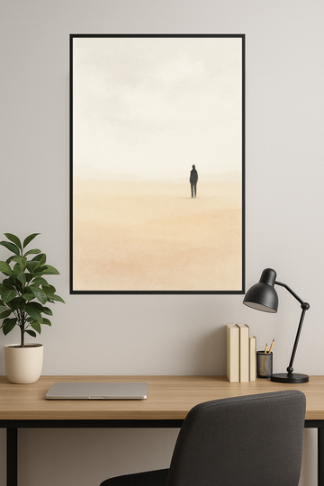 Minimalist landscape with a solitary figure in soft colors.- gabinet