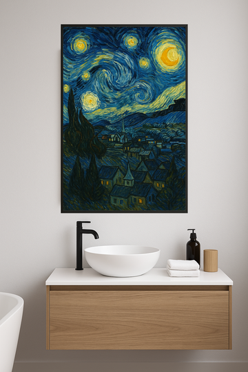 Swirling night sky with stars and a village below.- lazienka