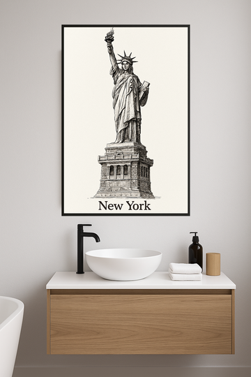 Sketch of the Statue of Liberty with 'New York' text below.- lazienka