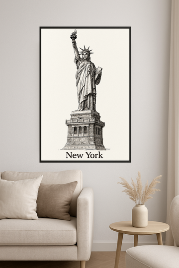 Sketch of the Statue of Liberty with 'New York' text below.- salon