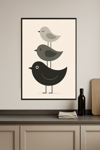 Three stylized birds in gray and black, stacked vertically.- kuchnia
