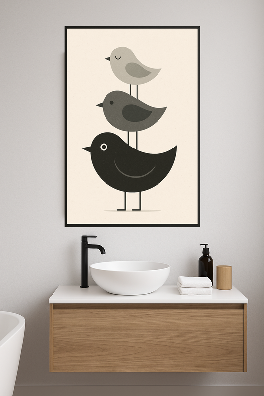 Three stylized birds in gray and black, stacked vertically.- lazienka