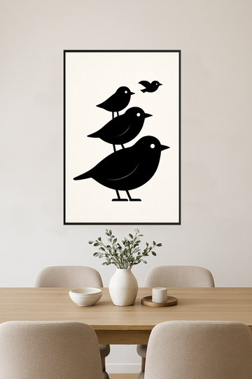 Four black silhouette birds in varying sizes, with one flying above.- jadalnia