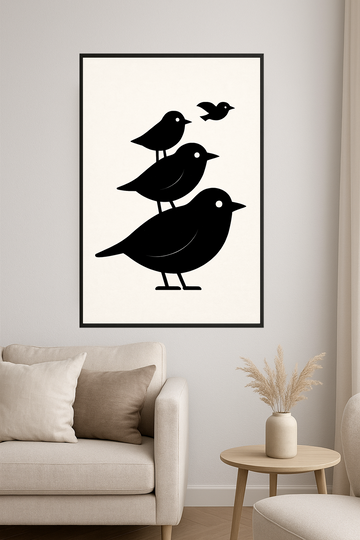 Four black silhouette birds in varying sizes, with one flying above.- salon