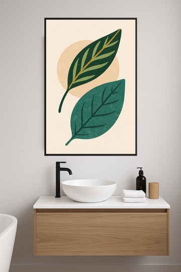 Stylized teal and green leaves with a beige background.- lazienka