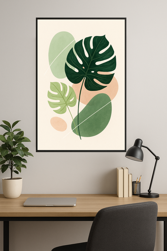 Stylized monstera leaves with abstract shapes in pastel colors.- gabinet
