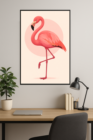 Stylized pink flamingo standing on one leg against a soft pink circle.- gabinet