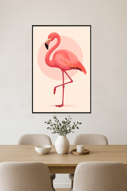 Stylized pink flamingo standing on one leg against a soft pink circle.- jadalnia