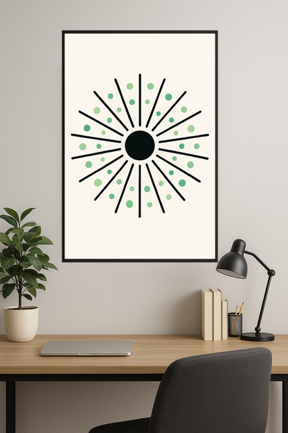 Black sunburst design with green dots on a light background.- gabinet