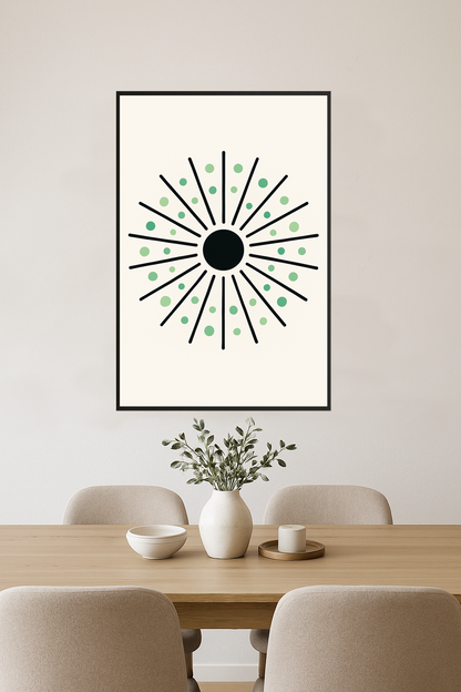 Black sunburst design with green dots on a light background.- jadalnia