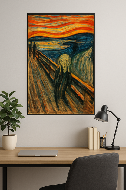 A figure with a screaming face against a colorful, swirling background.- gabinet
