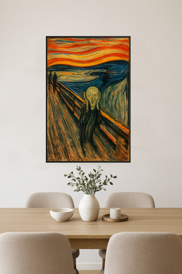 A figure with a screaming face against a colorful, swirling background.- jadalnia