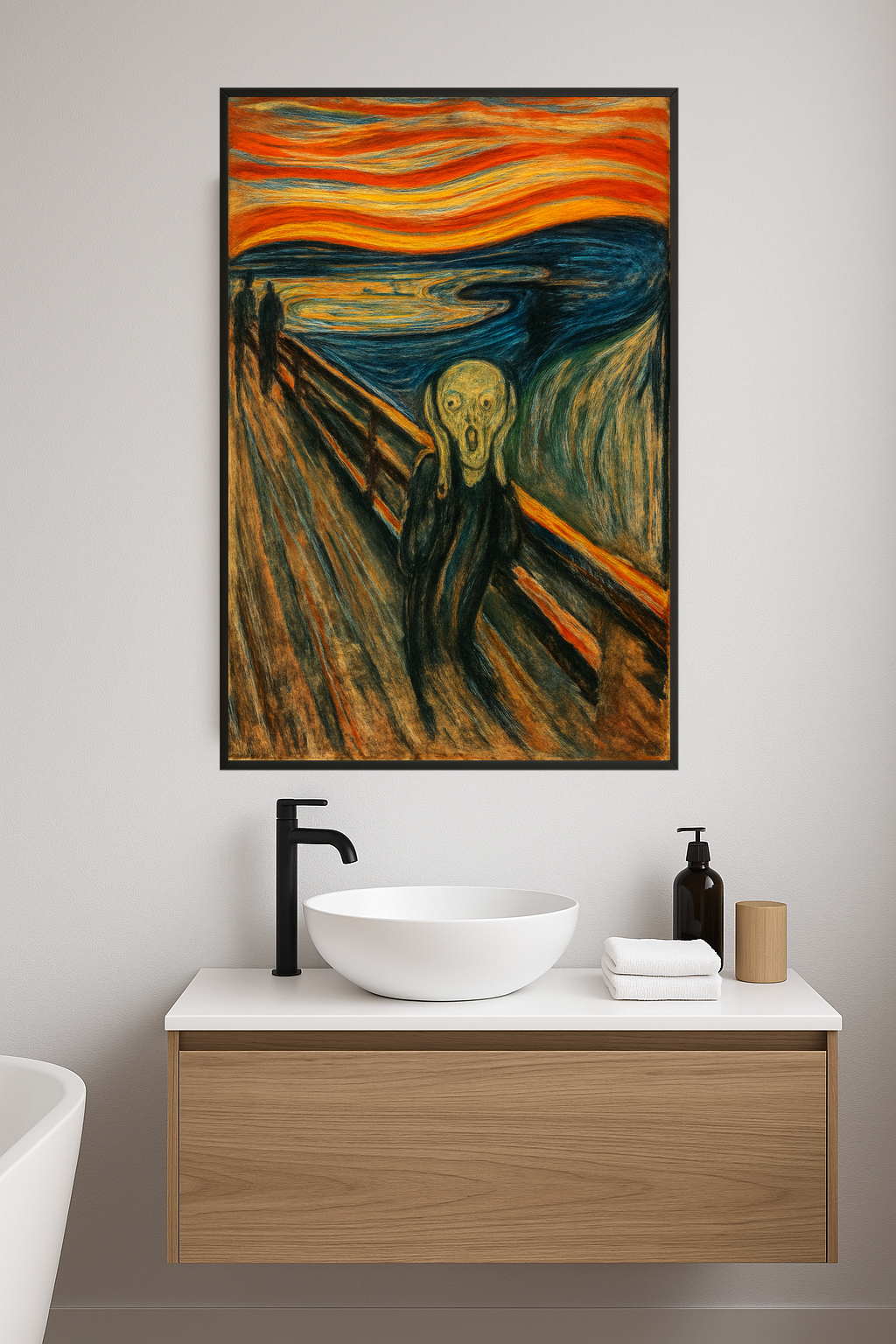 A figure with a screaming face against a colorful, swirling background.- lazienka