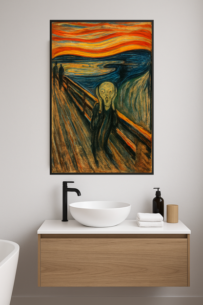 A figure with a screaming face against a colorful, swirling background.- lazienka