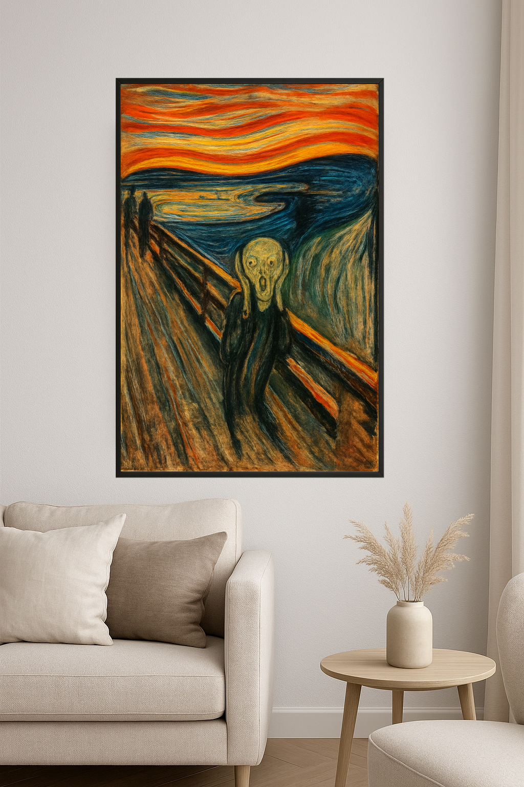 A figure with a screaming face against a colorful, swirling background.- salon