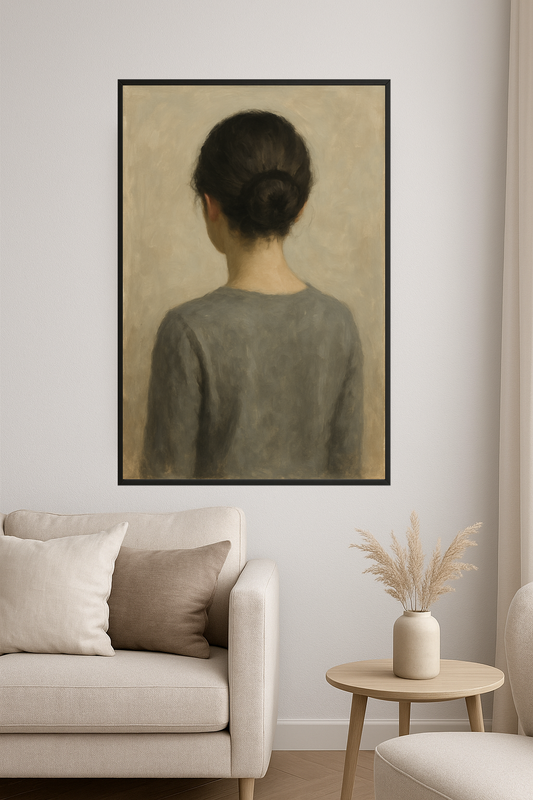 Back view of a woman with a bun wearing a gray top.- salon