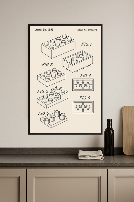 Patent drawing of a toy building brick with detailed illustrations.- kuchnia