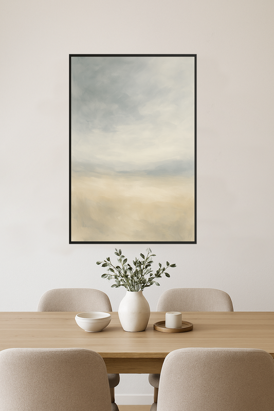 Abstract landscape painting in soft gray, blue, and beige tones.- jadalnia