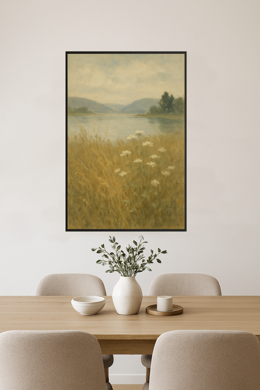 Serene landscape painting with golden grasses and white flowers.- jadalnia
