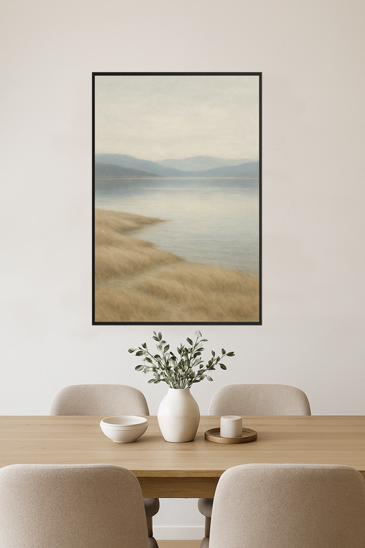 Serene watercolor landscape with water, grass, and hills.- jadalnia
