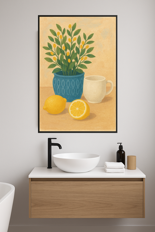 Blue pot with plant, white cup, and yellow lemons.- lazienka