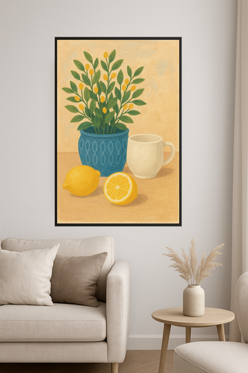 Blue pot with plant, white cup, and yellow lemons.- salon – plakat do druku