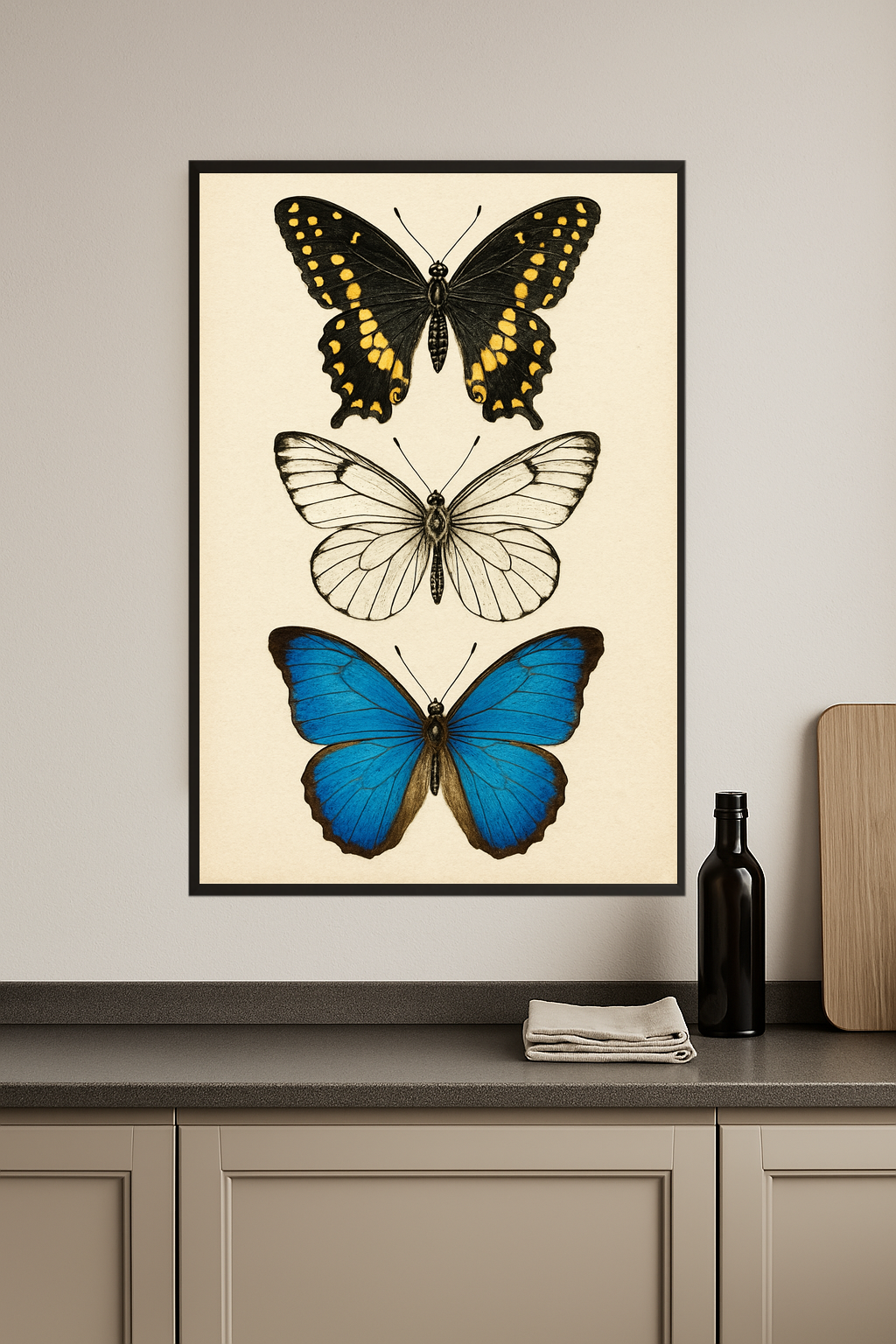 Three butterflies: black and yellow, white and black, blue with brown edges.- kuchnia
