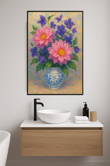 Colorful floral arrangement with pink and purple flowers in a vase.- lazienka