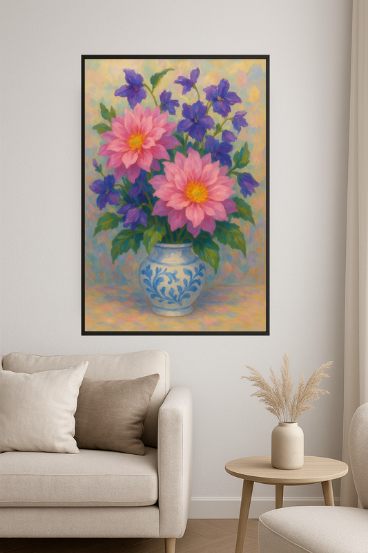 Colorful floral arrangement with pink and purple flowers in a vase.- salon