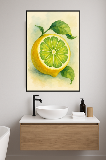 Watercolor illustration of a halved lemon with green leaves.- lazienka – plakat do druku