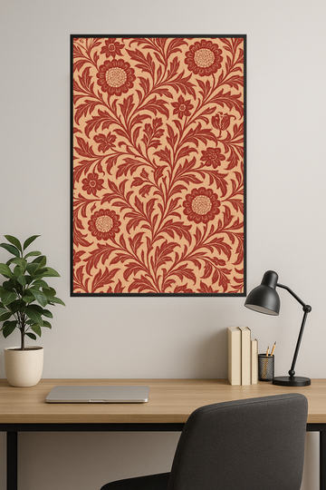 Floral pattern by William Morris in peach, red, and cream.- gabinet