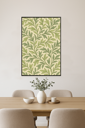 Pattern of delicate green and cream leaves by William Morris.- jadalnia