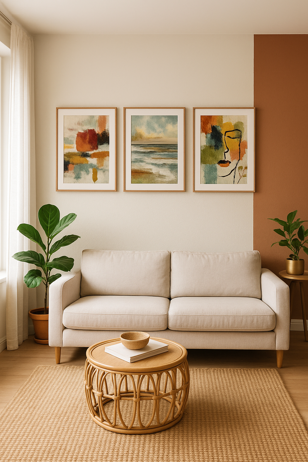 Abstract & Coastal gallery wall of 3 prints in a bright Scandinavian living room – plakat na ścianę